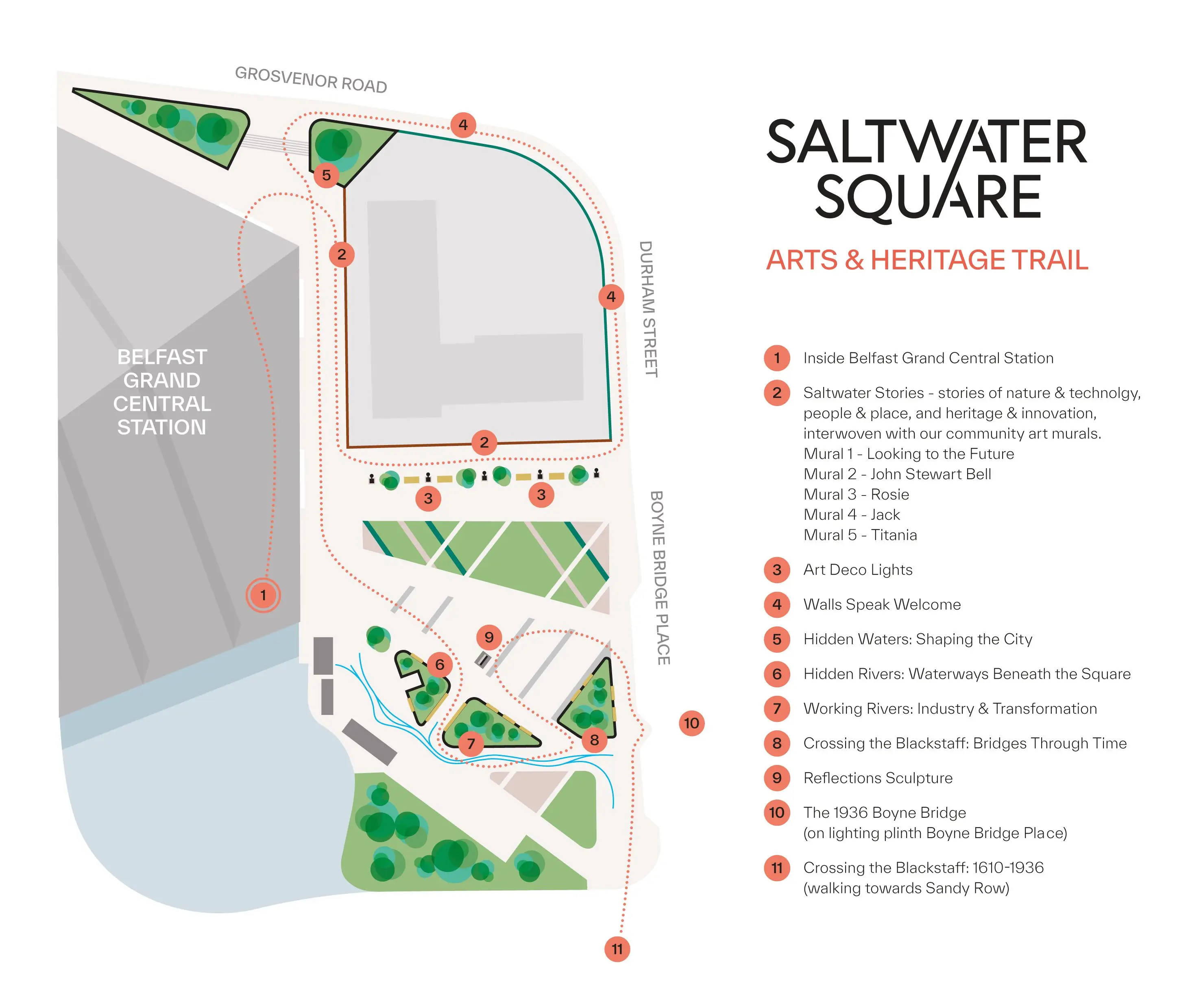 A map showing the locations of stops along the Saltwater Stories walking tour.