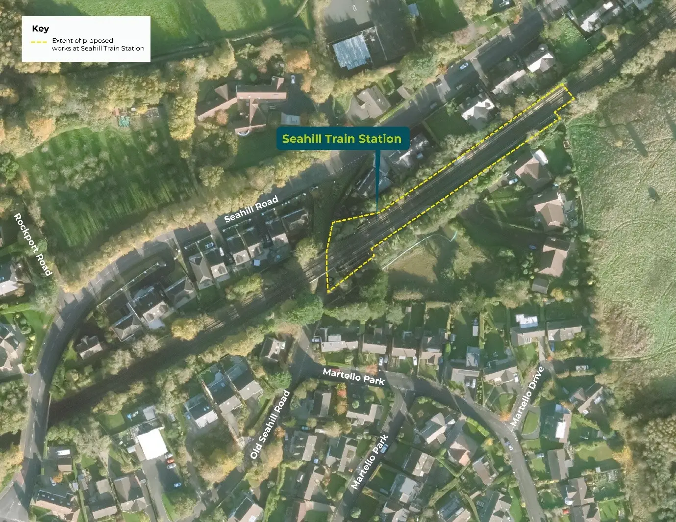An aerial photo of Seahill Train Station with the area where works will be carried out highlighted in yellow.
