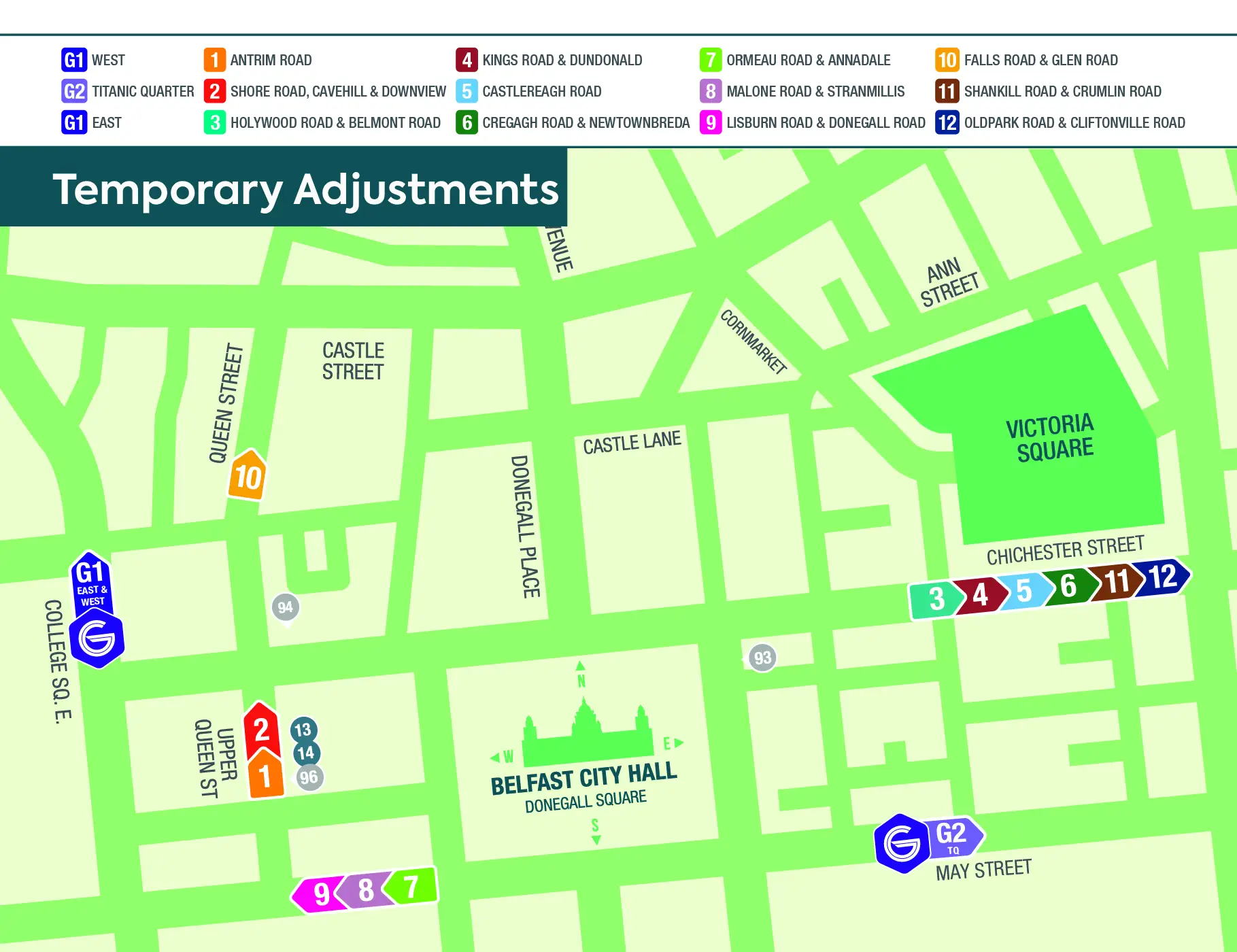 Fleadh Service Adjustments Map A map showing changes to the routes and departure points of Belfast Metro buses during the Fleadh.