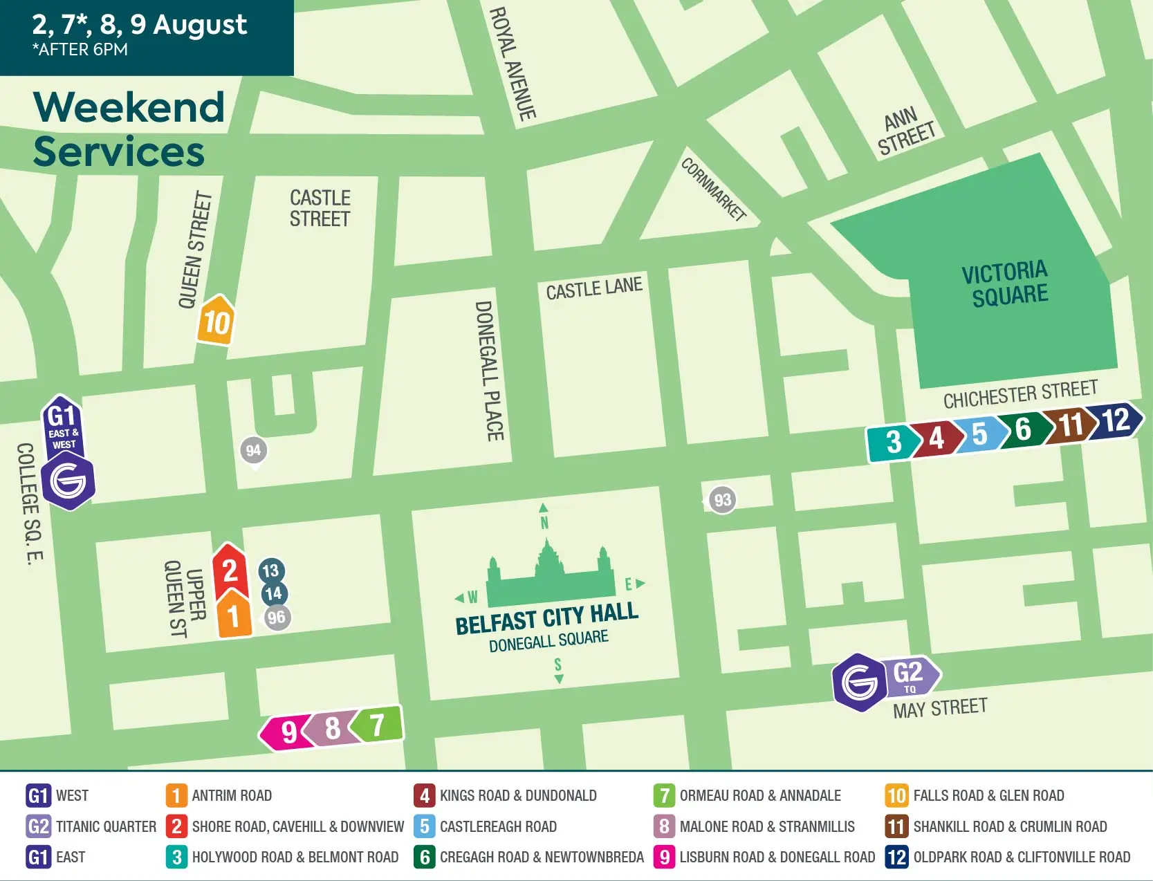 Fleadh Departure Changes - Weekends A map showing weekend departure points for Belfast Metro services during the Fleadh.