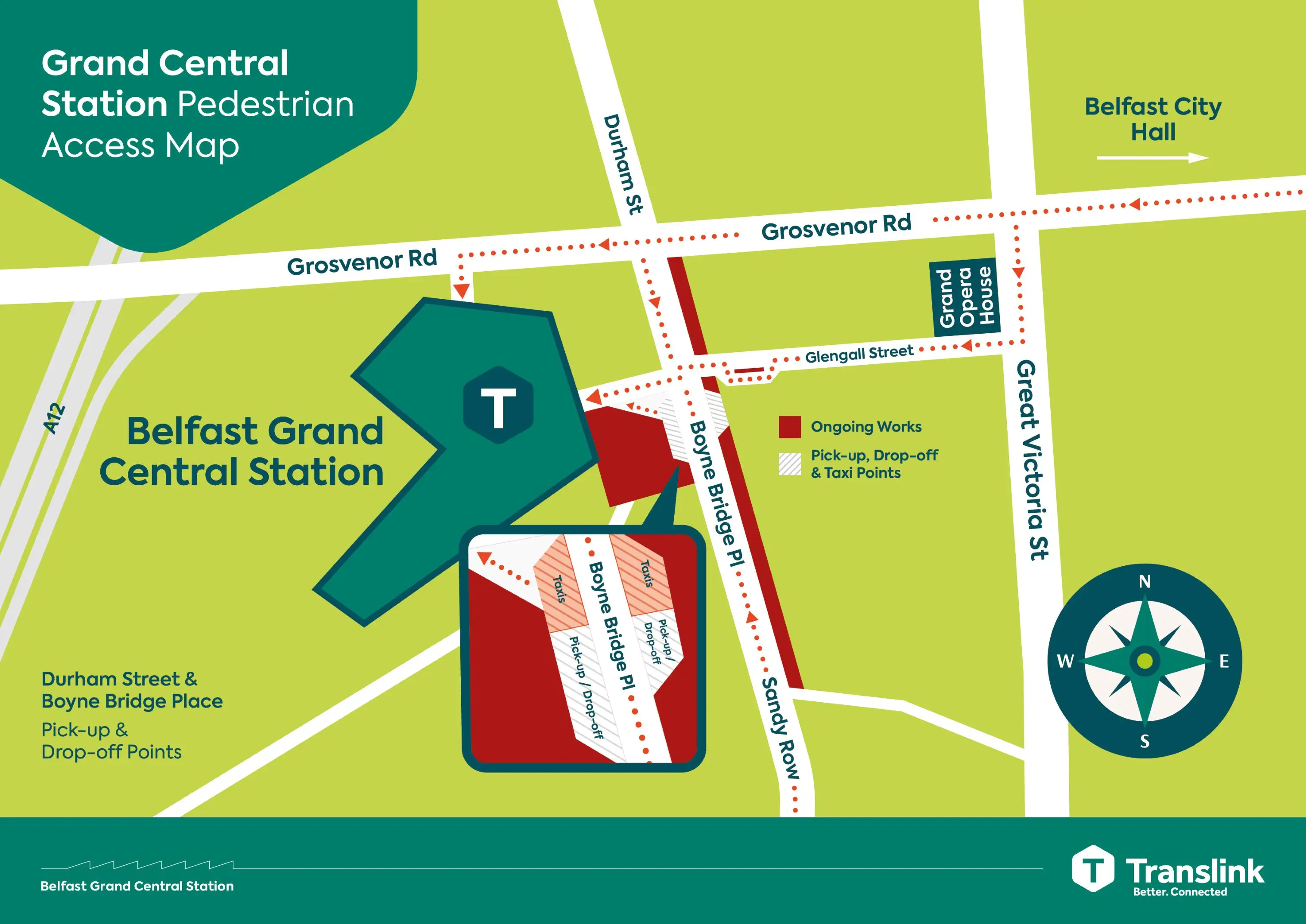 Access Map A map showing access arrangements to Belfast Grand Central Station during public realm works.