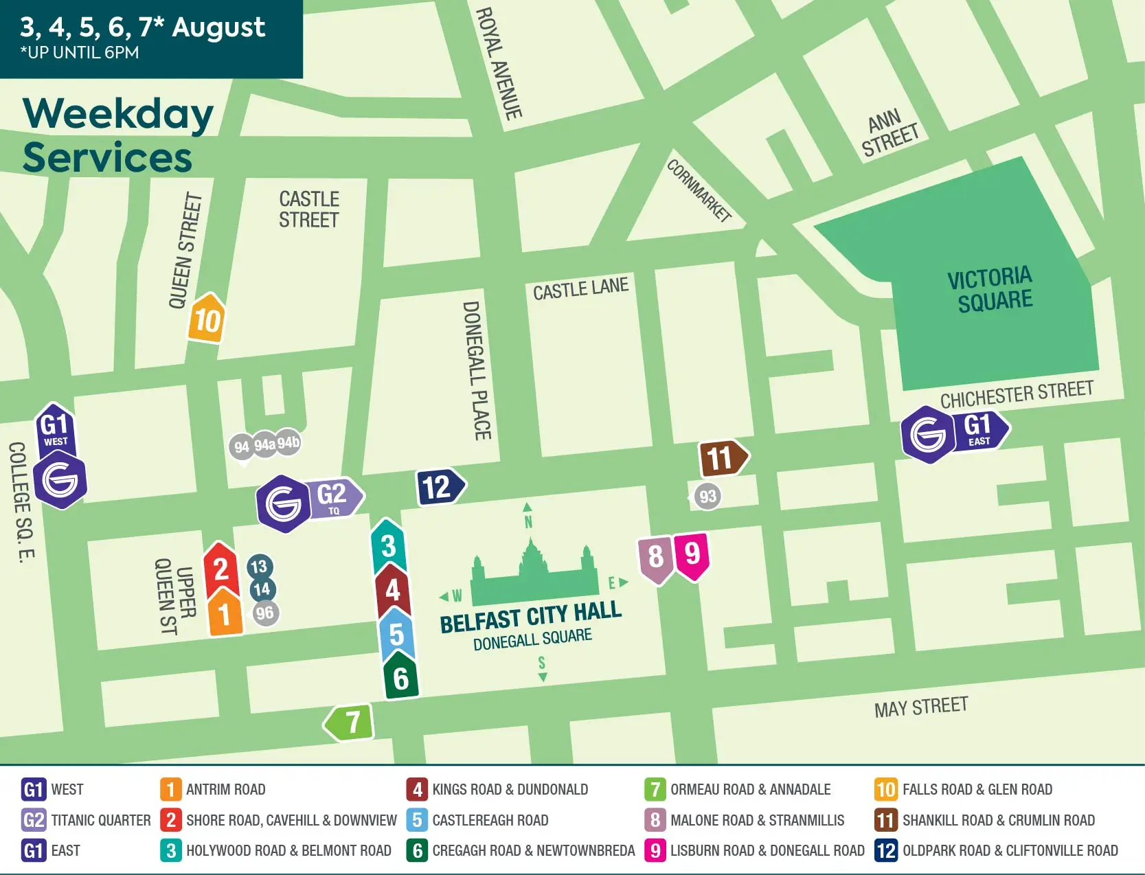 Fleadh Departure Changes - Weekdays A map showing weekday departure points for Belfast Metro services during the Fleadh.