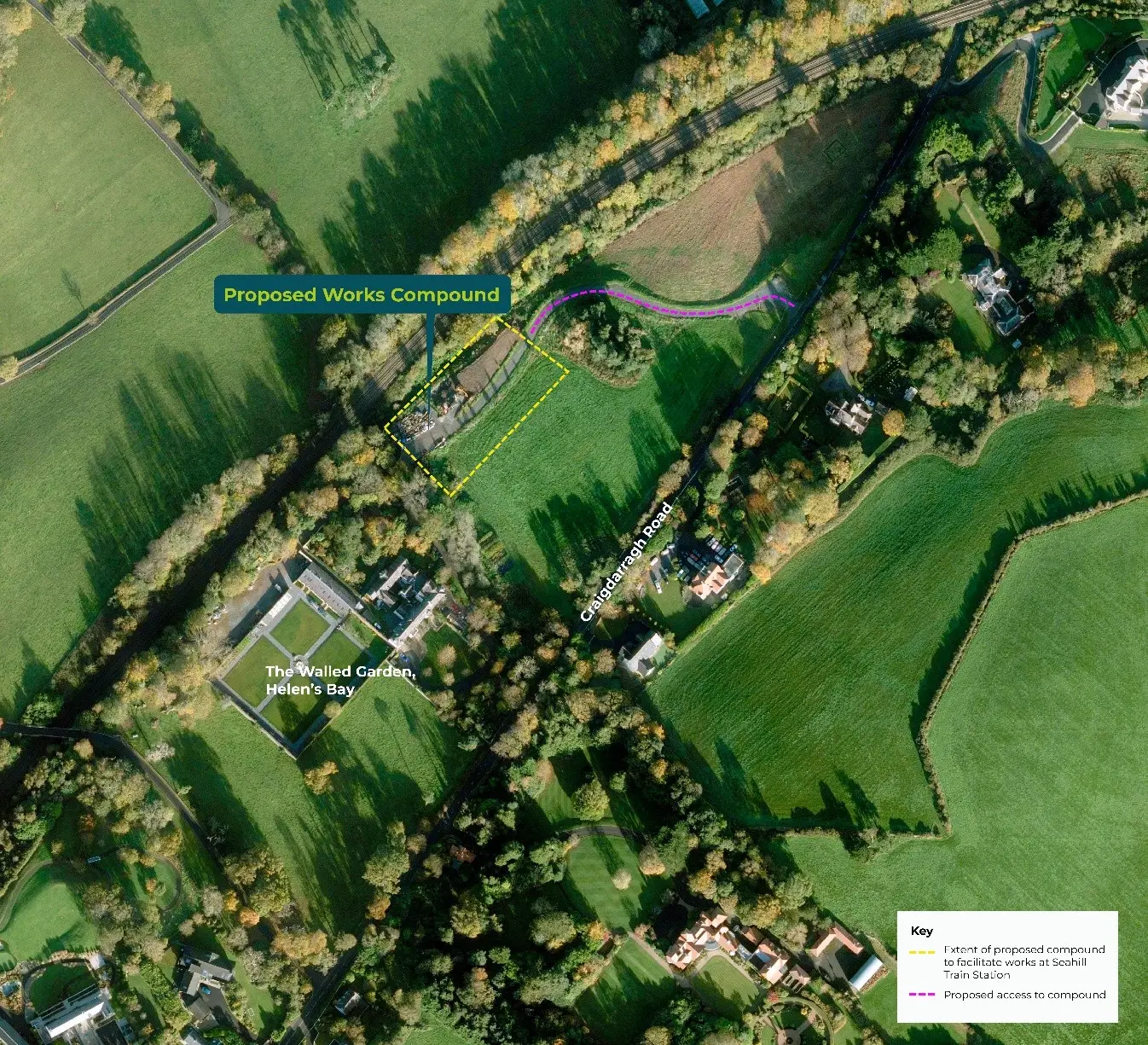 An aerial photo showing the planned location of a contractor compound at Seahill Train Station.